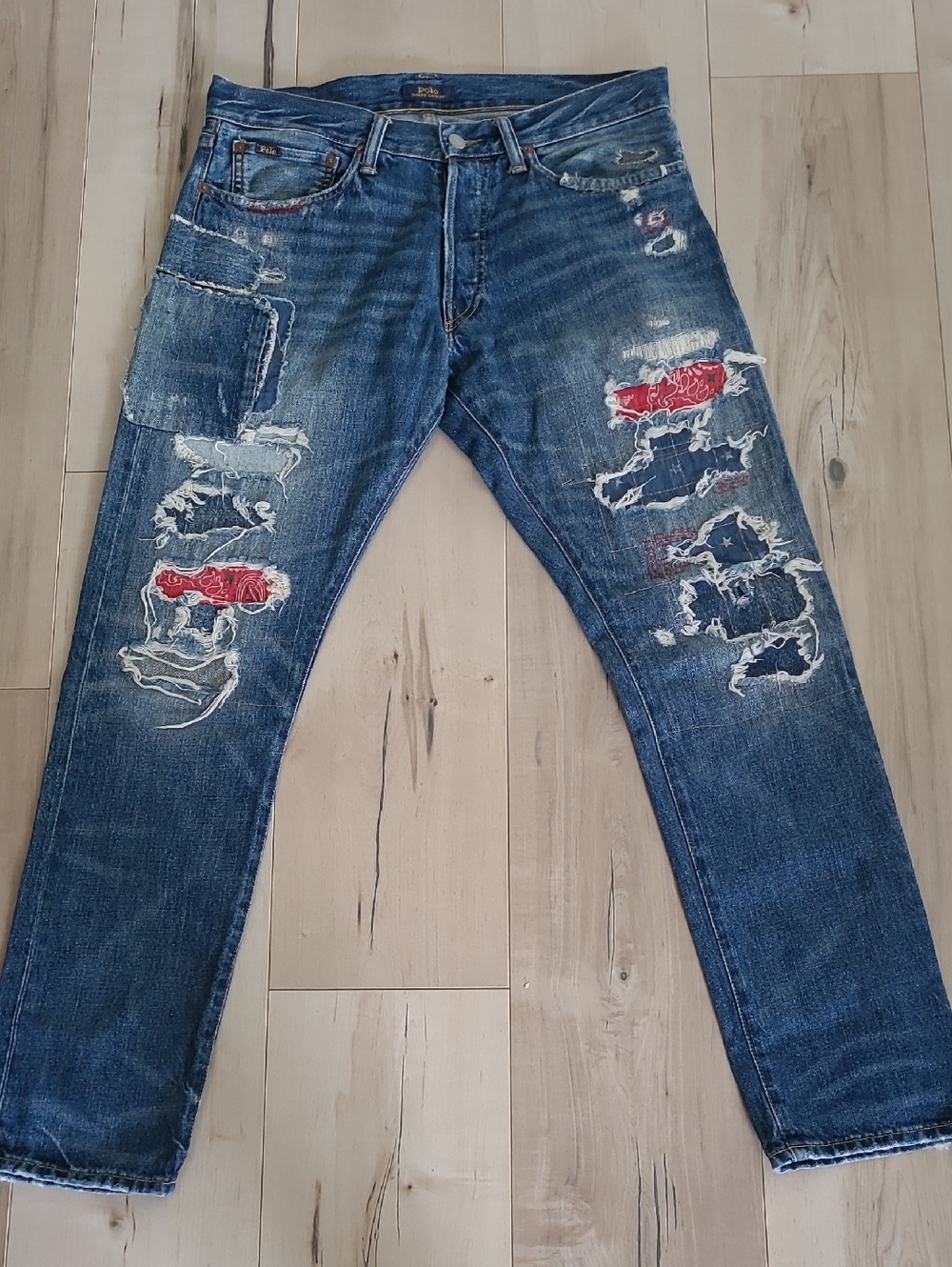 Polo by Ralph Lauren "Sullivan Slim" Blue Distressed Jeans with Red Patchwork
